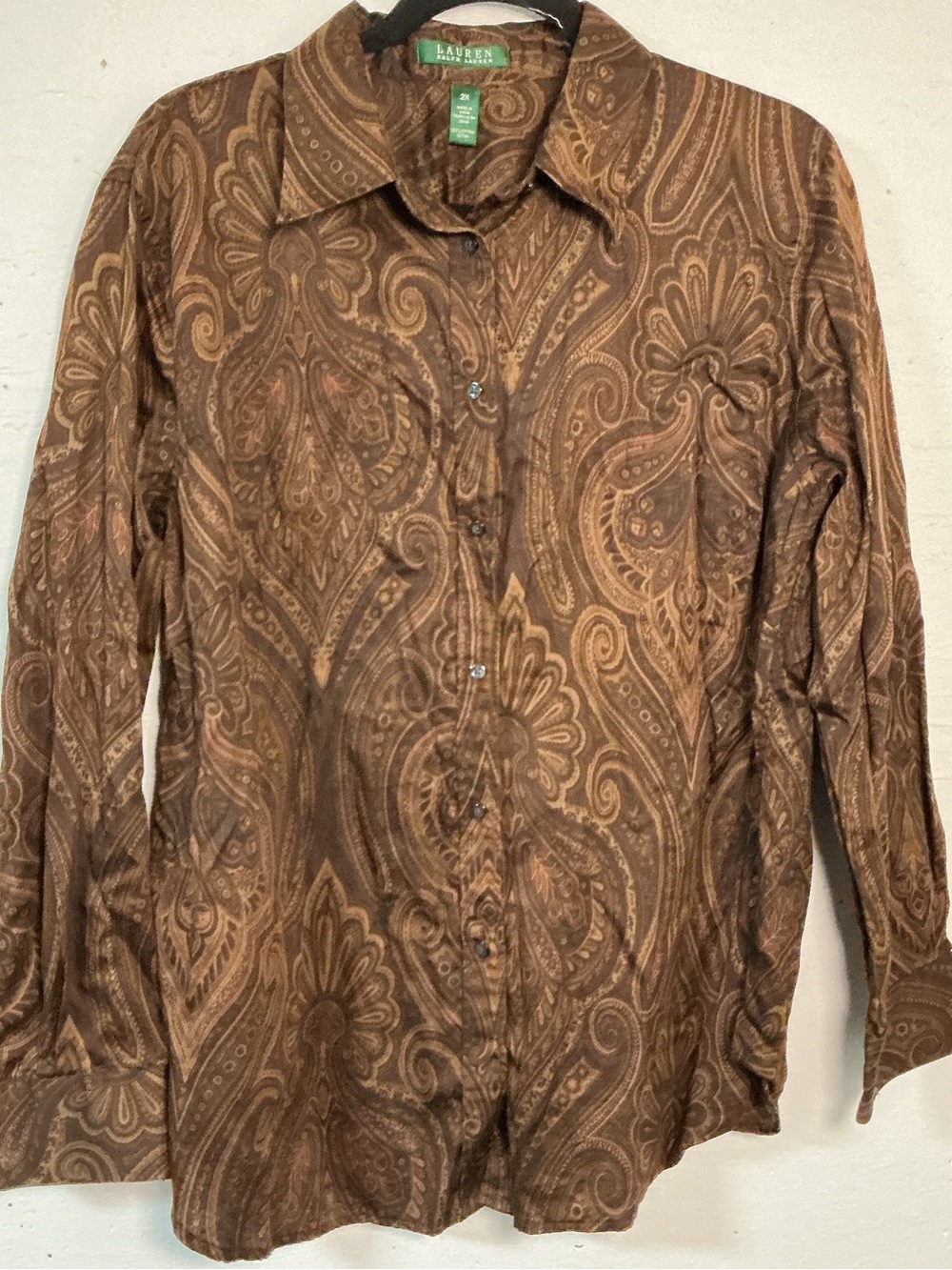 Lauren Ralph Lauren Shirt Women 2X Brown Paisley Long Sleeve Button Down Boho